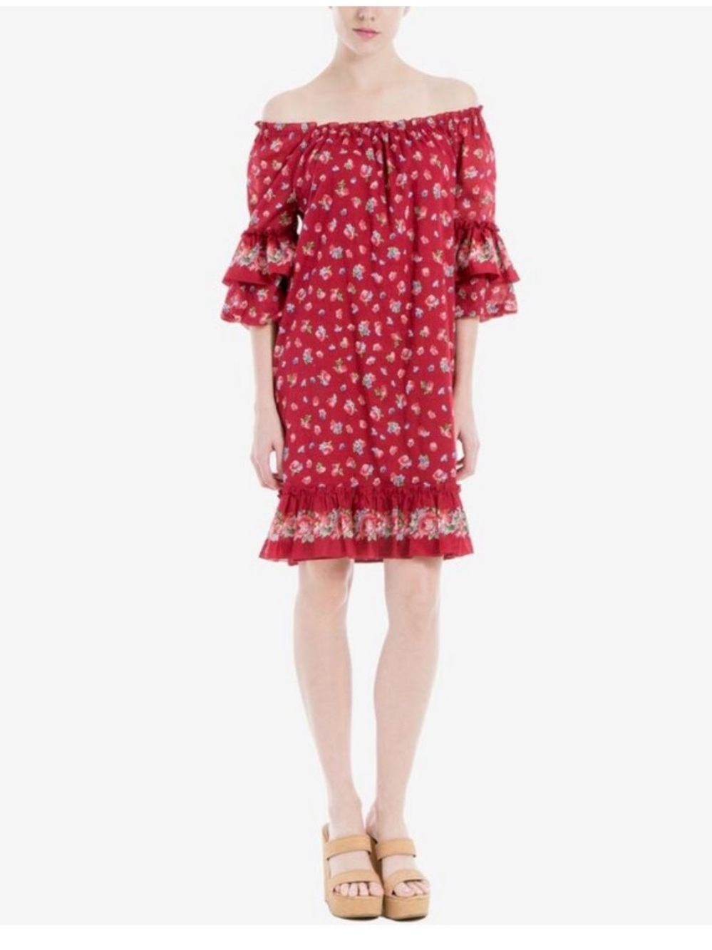 Max Studio Maroon Floral Cotton Off-Shoulder Peasant Dress - Size Medium